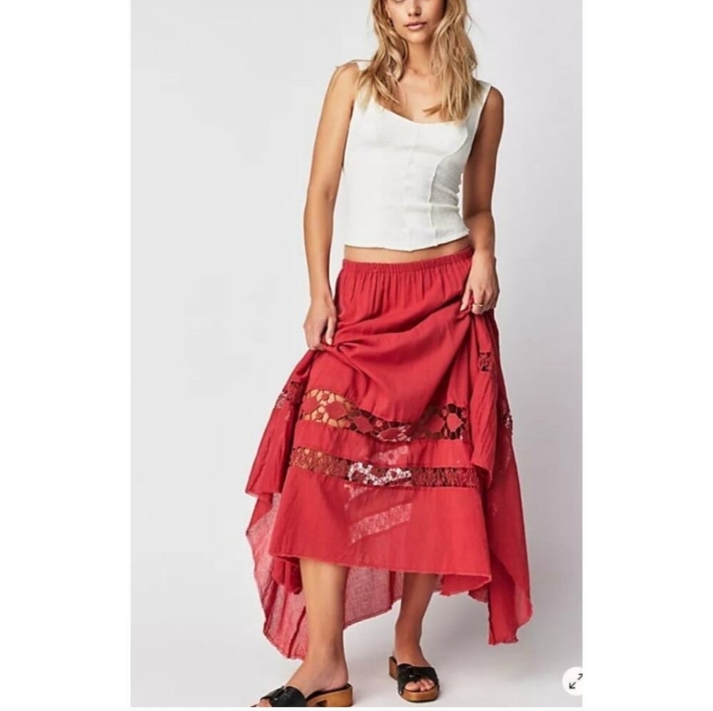 Free People One Costa Brava Asymetrical Skirt Midi Embroidered Pointed Edge